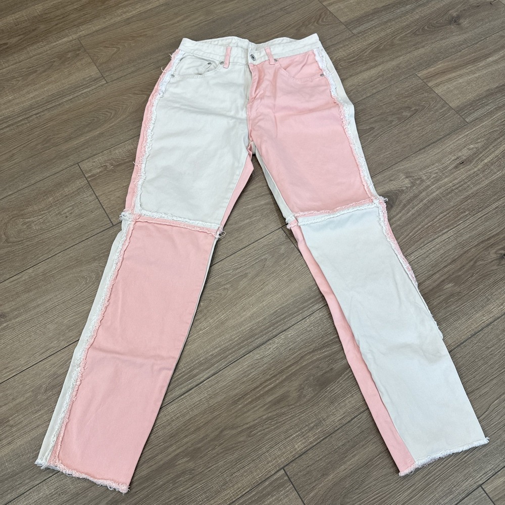 Ragged Priest Pink Cream Patchwork Womens Straight Leg Frayed Jeans Size 30 EUC